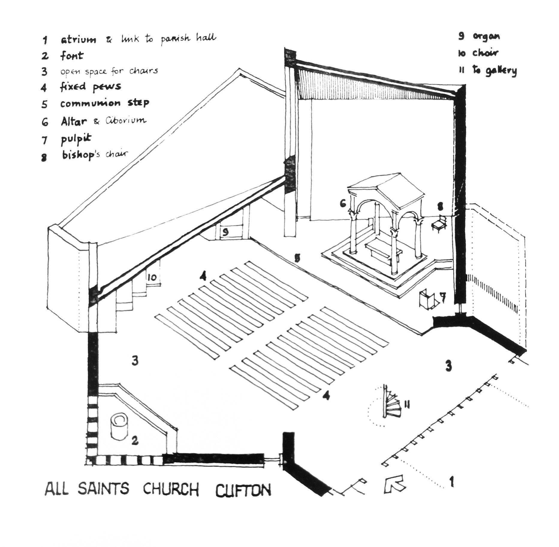 Figure 4. All Saints, Clifton, rebuilt in 1967 by Robert Potter. Axonometric cutaway