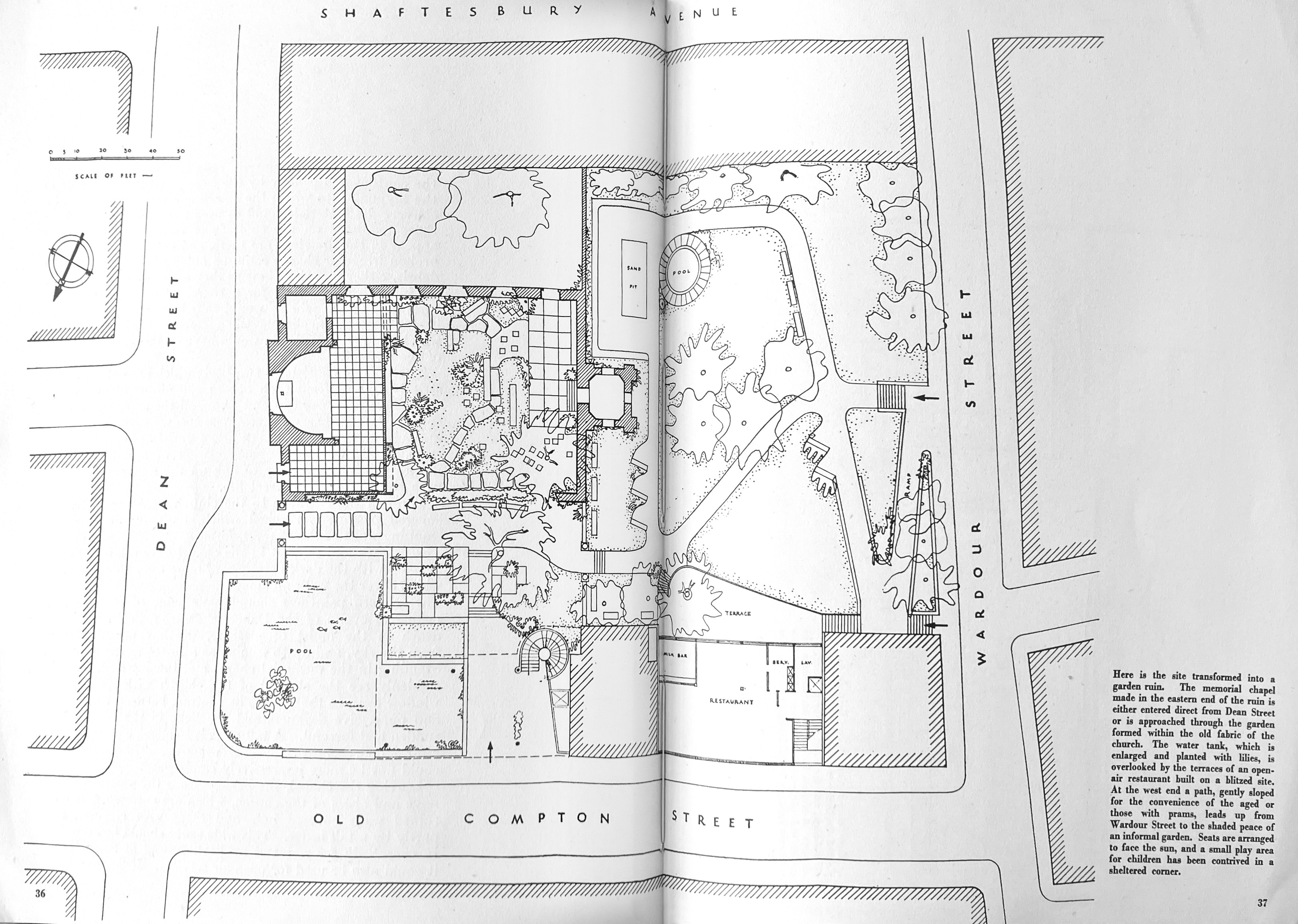 Figure 9. Transformation of St Anne, Soho, into a garden ruin. Project by Jacques Groag from Bombed Churches as War Memorials (1945)