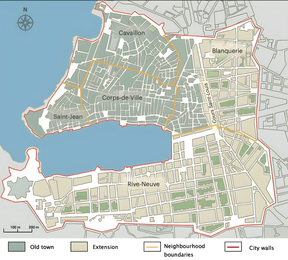 Figure 1. Old town and extension districts, Marseille, 18th century. Source: Bibliothèque nationale de France, Maps and plans department, GE C-1599, [http://catalogue.bnf.fr/ark:/12148/cb40698023z]