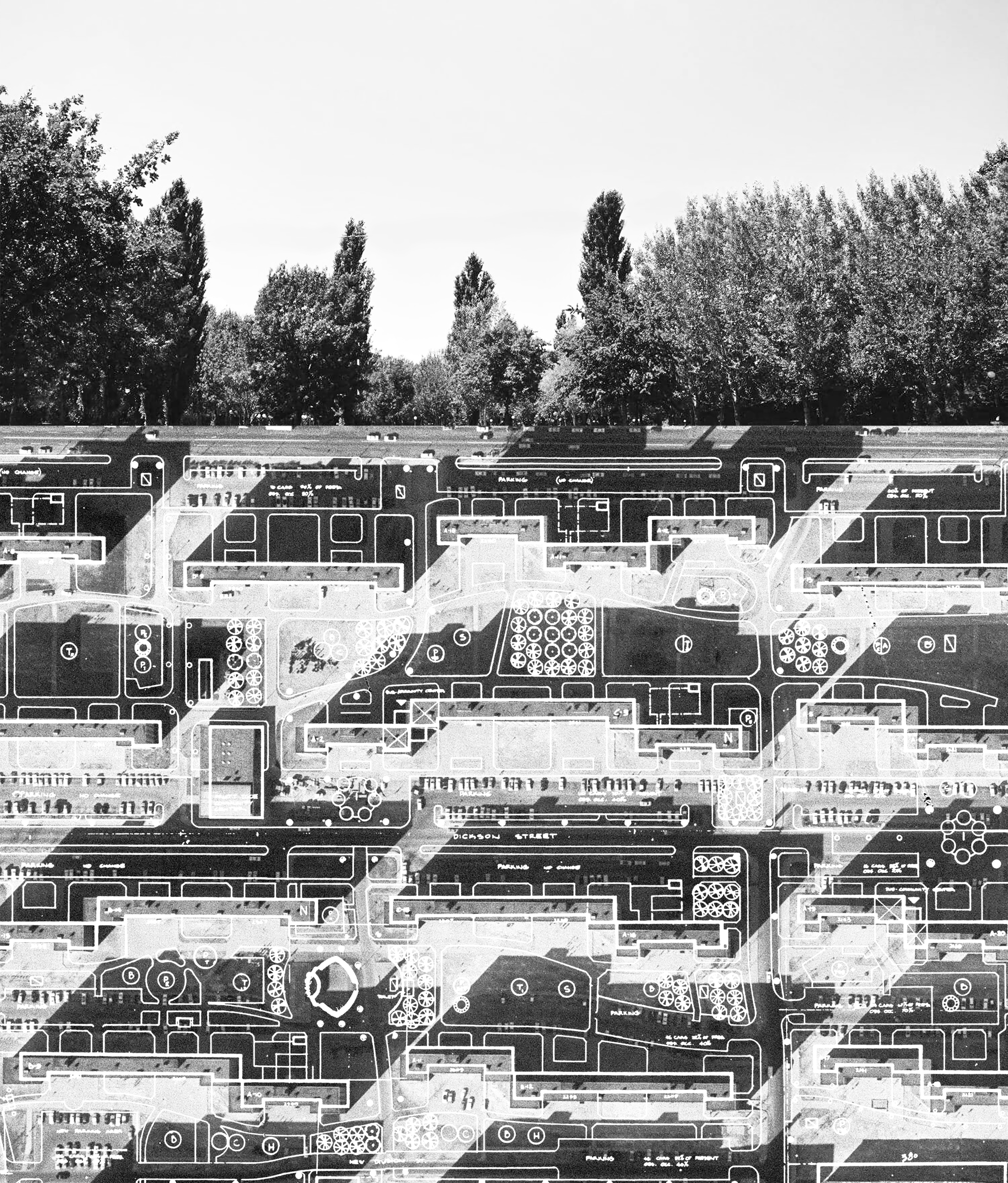 Figure 4. Pruitt Igoe today. Collage by the author, remixing old project plans and today aerial photos of the site