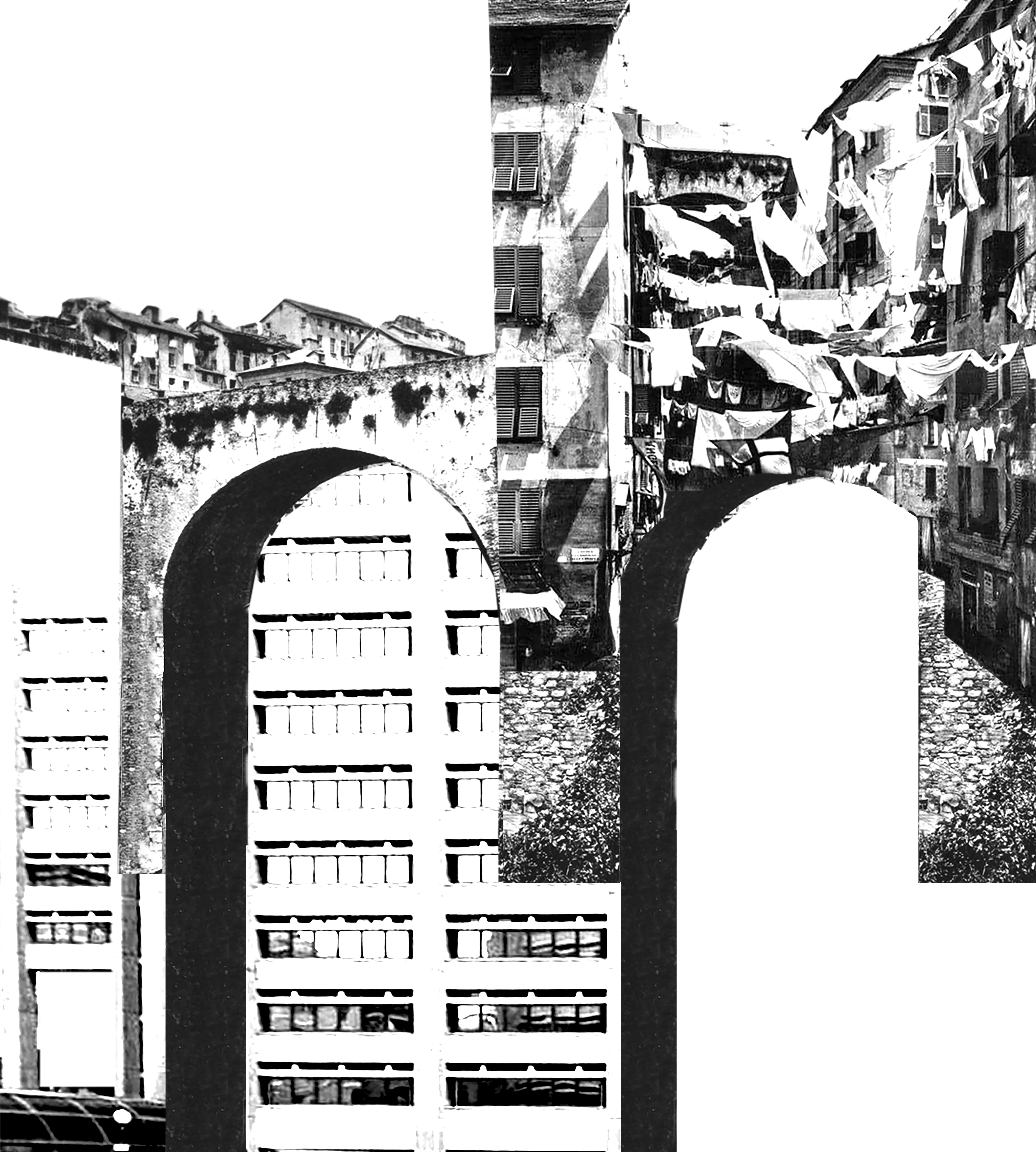 Figure 5. Quartiere Madre di Dio. Collage by the author, remixing “Genova vecchia - Via Gran Madre di Dio cartolina - ed. Mangini - non circolata” and “Genova Vecchia - Ponte di Carignagno - 1875 - ed. Mangini - non circolata”