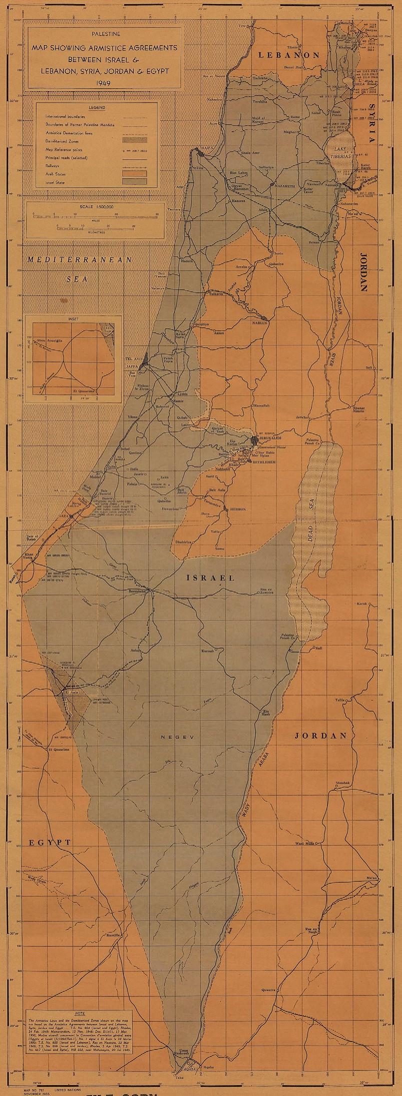 Figure 2. Map of the 1949 Armistice Agreements between Israel, Lebanon, Syria, Jordan, and Egypt. United Nations Digital Archive, UN Map H212/10/1955