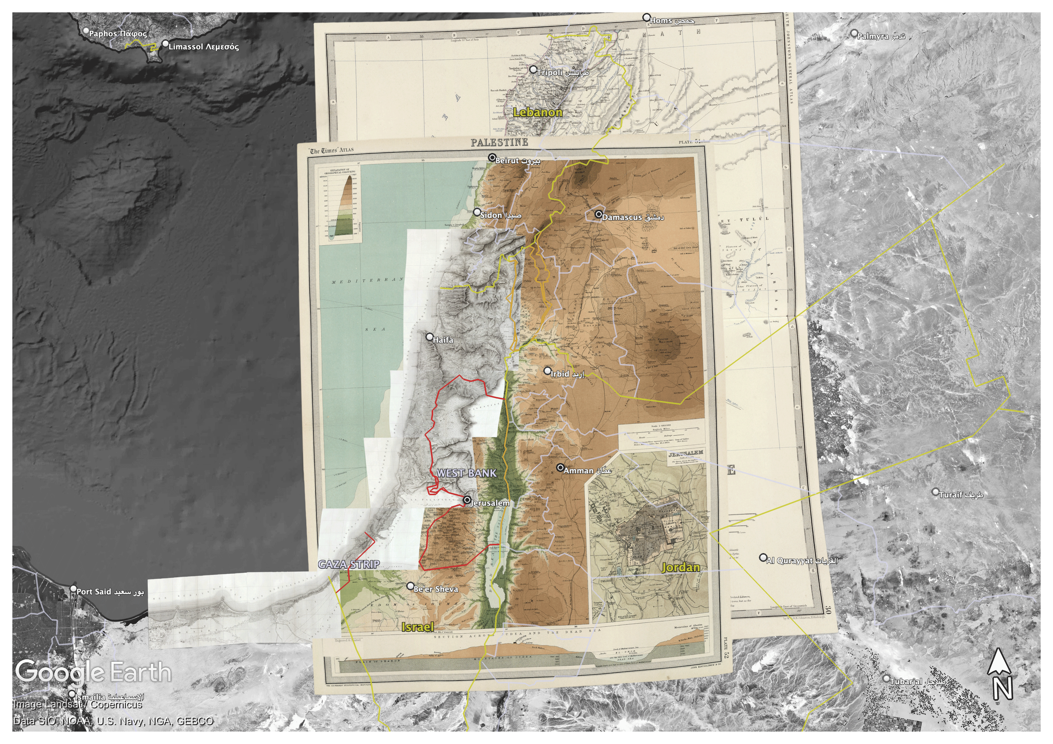 Figure 2. Composite image showing historical British map of Palestine overlaid on current satellite view (Google Earth). Overlay created using Google Earth’s “Image Overlay” tool to illustrate the cartographic conflict between state-imposed and lived geographies